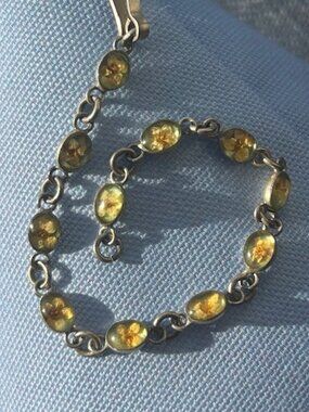 925 SILVER Dried Flowers Lucite Small Oval Link BRACELET